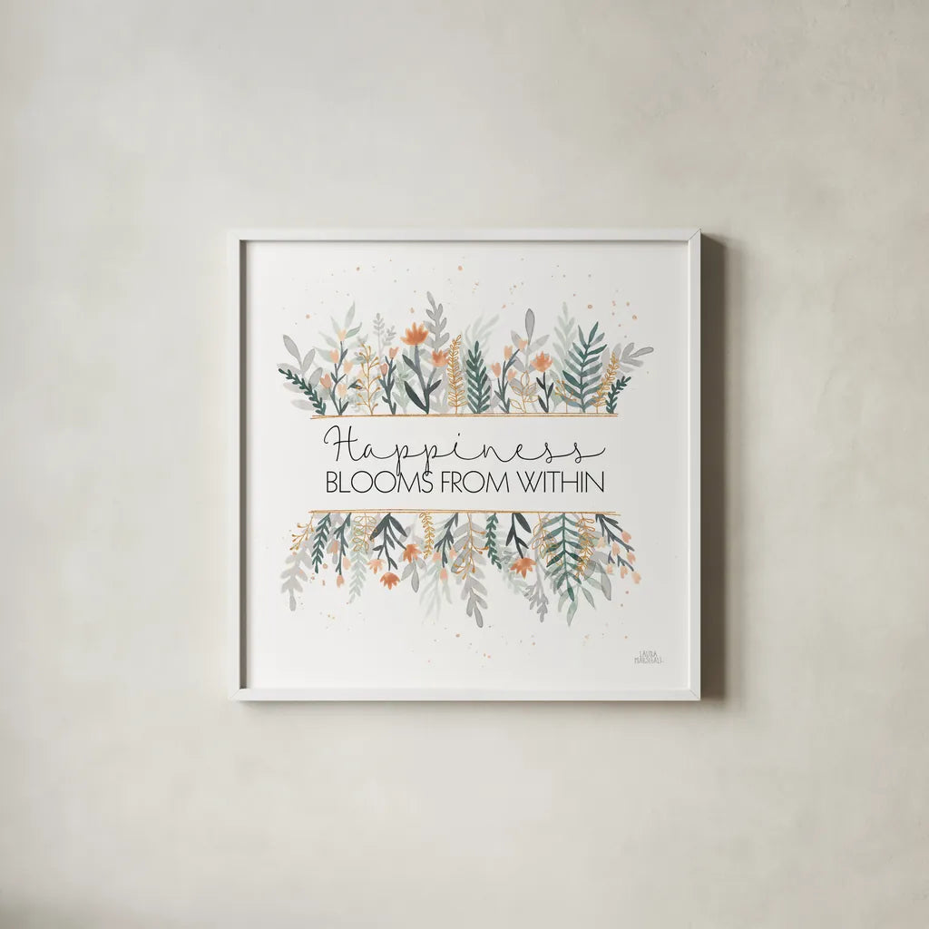 Spring Blooms III by Laura Marshall. Shown in a crisp white glass frame for a clean and minimalist style. Available as an archival giclee rolled canvas, fine art paper, or poster print. SKU 51633a.