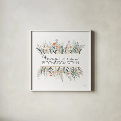 Spring Blooms III by Laura Marshall. Shown in a crisp white glass frame for a clean and minimalist style. Available as an archival giclee rolled canvas, fine art paper, or poster print. SKU 51633a.