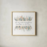 Spring Blooms III Faith by Laura Marshall. Shown in a natural wood glass frame for a timeless modern aesthetic. Available as an archival giclee rolled canvas, fine art paper, or poster print. SKU 99034a.