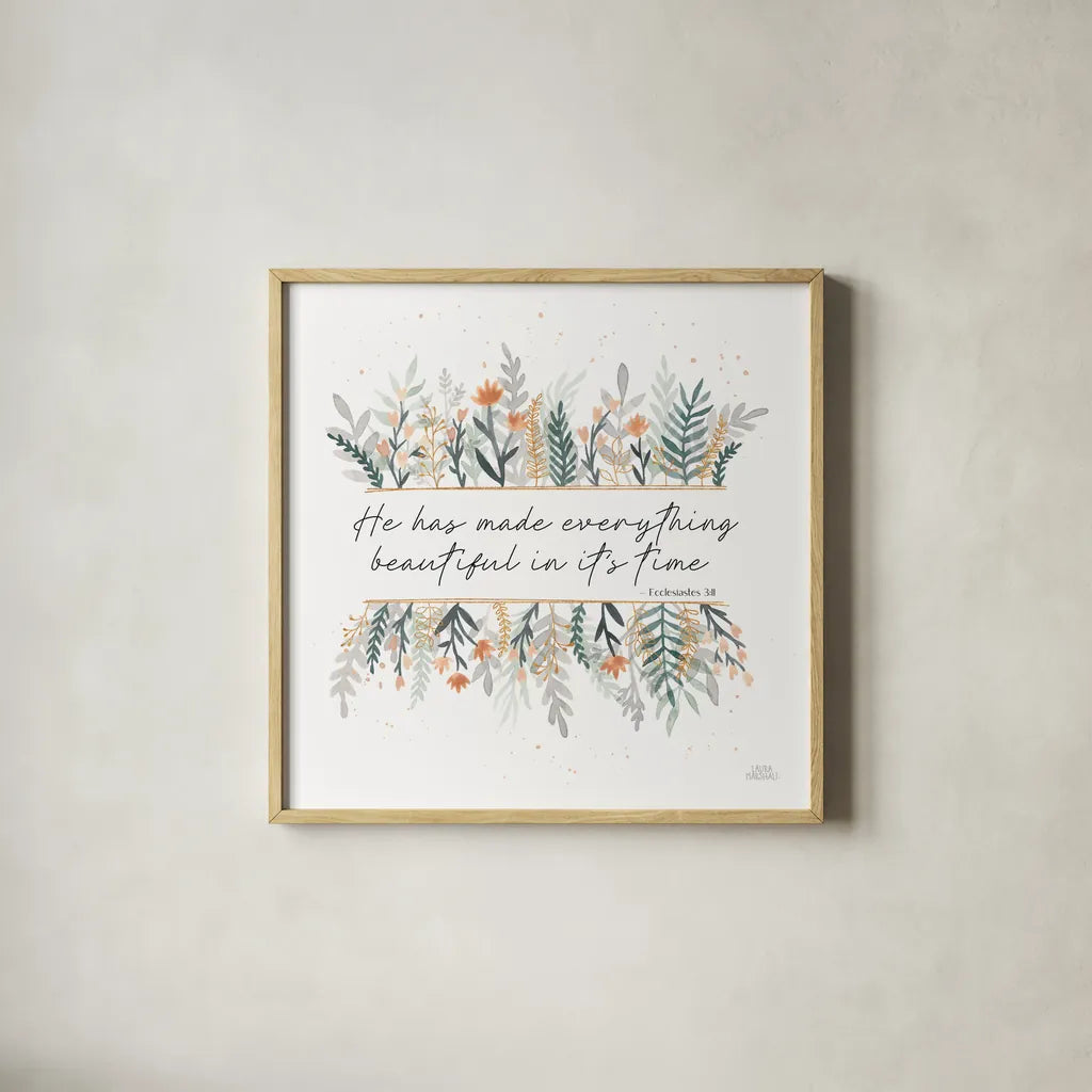 Spring Blooms III Faith by Laura Marshall. Shown in a natural wood glass frame for a timeless modern aesthetic. Available as an archival giclee rolled canvas, fine art paper, or poster print. SKU 99034a.