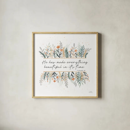 Spring Blooms III Faith by Laura Marshall. Shown in a natural wood glass frame for a timeless modern aesthetic. Available as an archival giclee rolled canvas, fine art paper, or poster print. SKU 99034a.