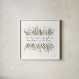 Spring Blooms III Faith by Laura Marshall. Shown in a crisp white glass frame for a clean and minimalist style. Available as an archival giclee rolled canvas, fine art paper, or poster print. SKU 99034a.