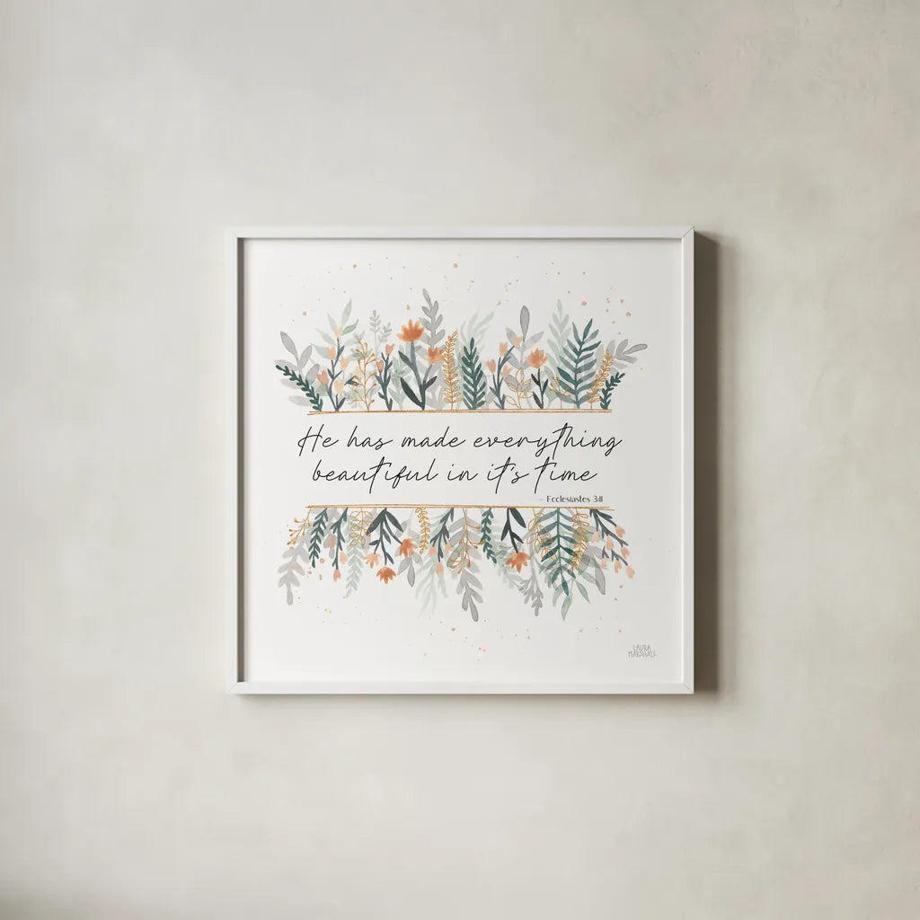 Spring Blooms III Faith by Laura Marshall. Shown in a crisp white glass frame for a clean and minimalist style. Available as an archival giclee rolled canvas, fine art paper, or poster print. SKU 99034a.