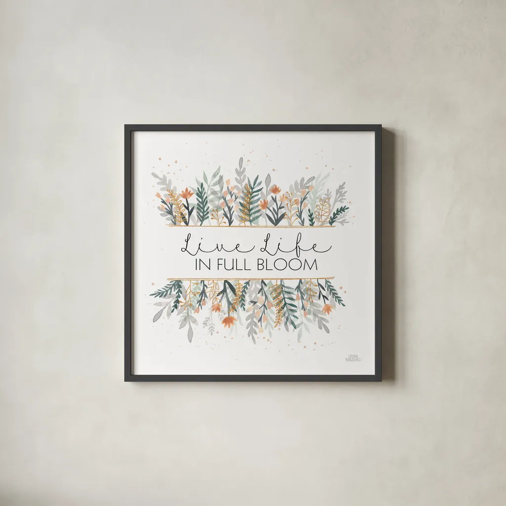 Spring Blooms IV by Laura Marshall. Shown in a sleek black glass frame for a contemporary gallery look. Available as an archival giclee rolled canvas, fine art paper, or poster print. SKU 51634a.