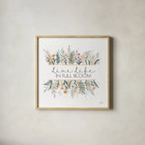 Spring Blooms IV by Laura Marshall. Shown in a natural wood glass frame for a timeless modern aesthetic. Available as an archival giclee rolled canvas, fine art paper, or poster print. SKU 51634a.