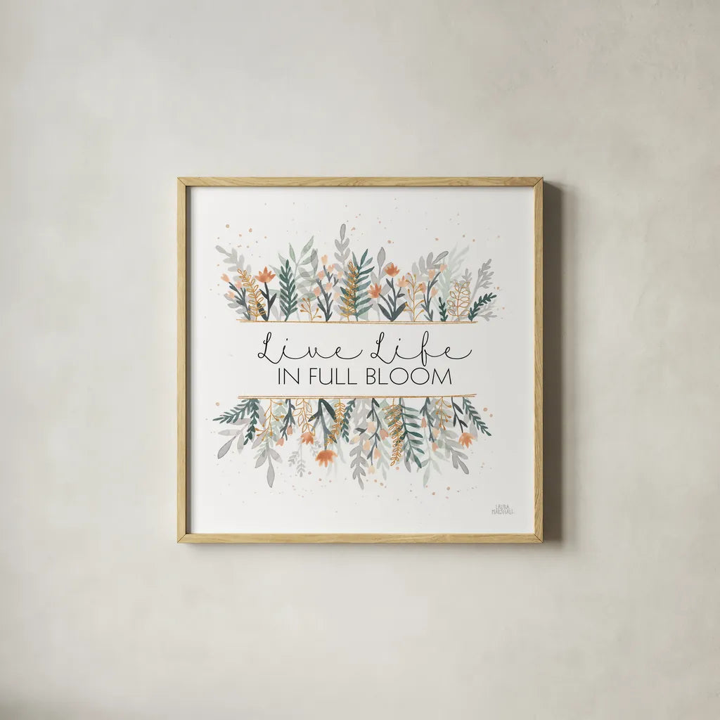 Spring Blooms IV by Laura Marshall. Shown in a natural wood glass frame for a timeless modern aesthetic. Available as an archival giclee rolled canvas, fine art paper, or poster print. SKU 51634a.