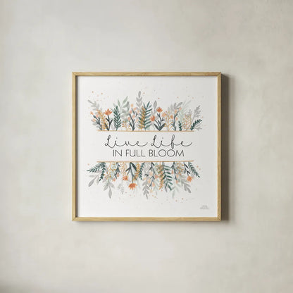 Spring Blooms IV by Laura Marshall. Shown in a natural wood glass frame for a timeless modern aesthetic. Available as an archival giclee rolled canvas, fine art paper, or poster print. SKU 51634a.