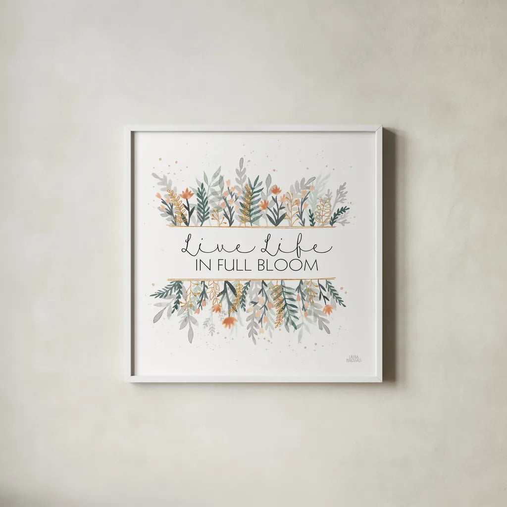 Spring Blooms IV by Laura Marshall. Shown in a crisp white glass frame for a clean and minimalist style. Available as an archival giclee rolled canvas, fine art paper, or poster print. SKU 51634a.