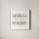 Spring Blooms IV Faith by Laura Marshall. Shown in a crisp white glass frame for a clean and minimalist style. Available as an archival giclee rolled canvas, fine art paper, or poster print. SKU 99035a.