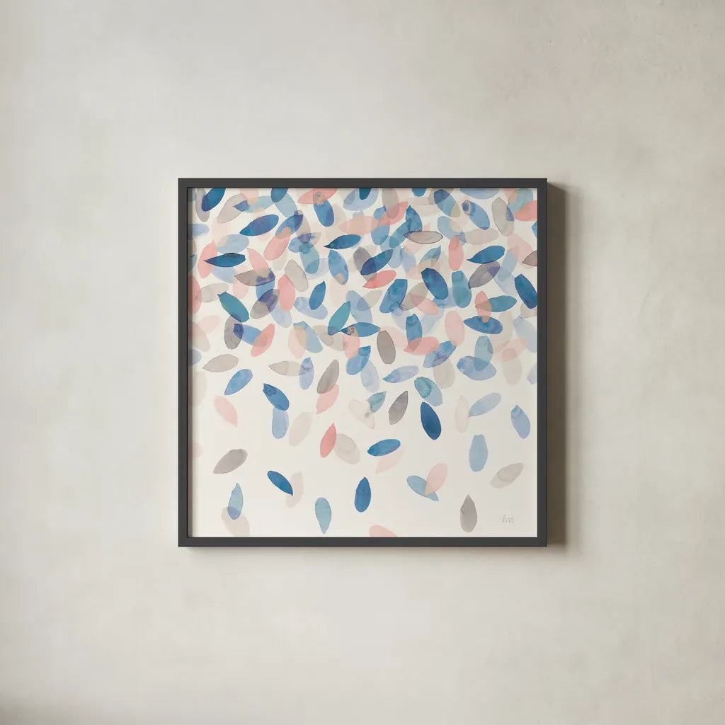 Spring Cascade II Blue Crop by Laura Marshall. Shown in a sleek black glass frame for a contemporary gallery look. Available as an archival giclee rolled canvas, fine art paper, or poster print. SKU 40798a.