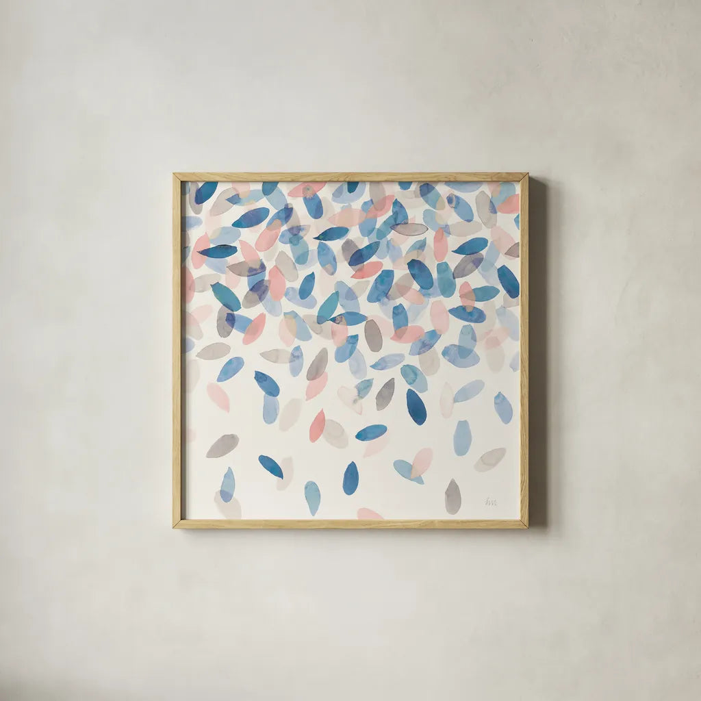 Spring Cascade II Blue Crop by Laura Marshall. Shown in a natural wood glass frame for a timeless modern aesthetic. Available as an archival giclee rolled canvas, fine art paper, or poster print. SKU 40798a.