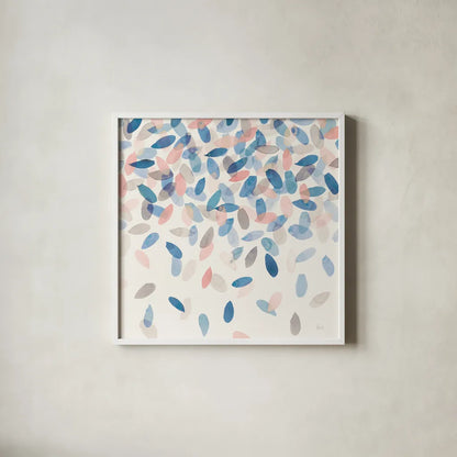 Spring Cascade II Blue Crop by Laura Marshall. Shown in a crisp white glass frame for a clean and minimalist style. Available as an archival giclee rolled canvas, fine art paper, or poster print. SKU 40798a.