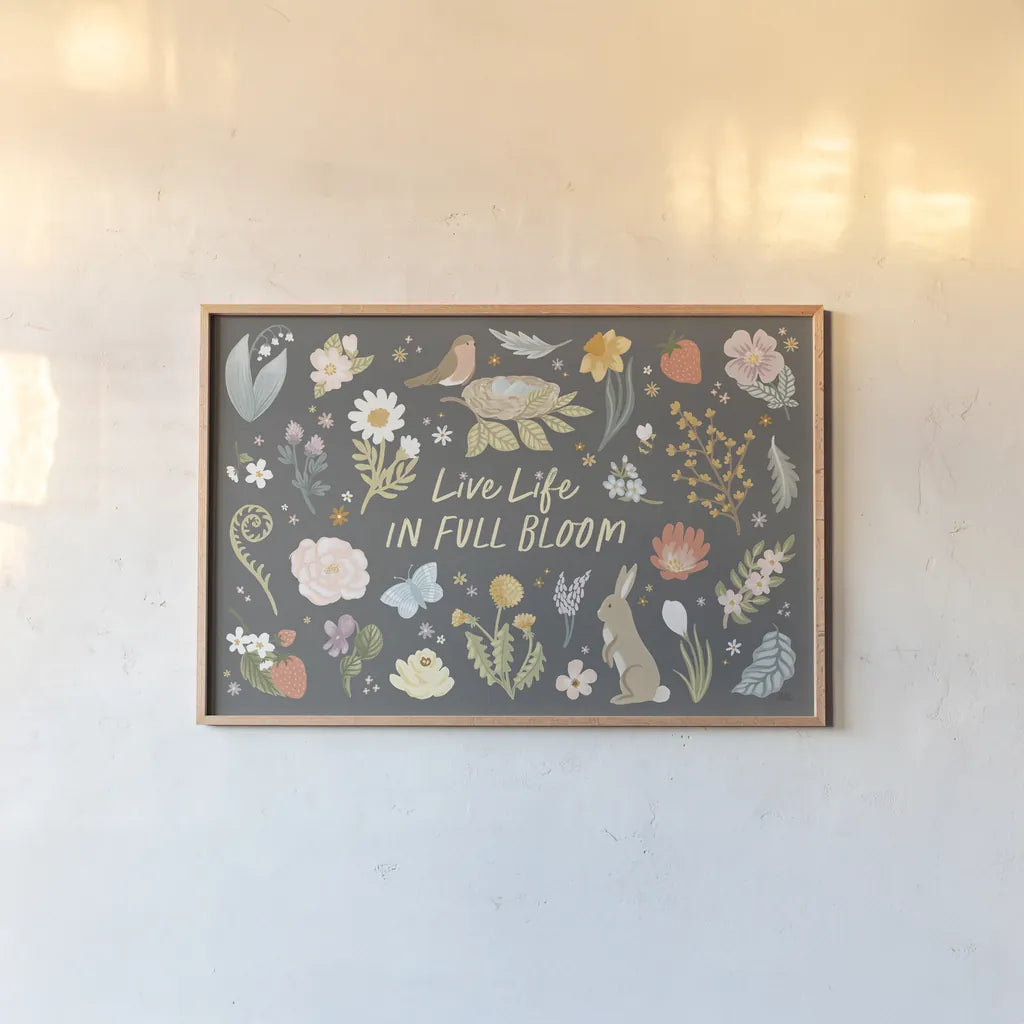 Spring Garden I Dark by Laura Marshall. shown as a paper print in a natural frame. Available as a archival giclee rolled canvas, fine art paper, or poster print. SKU 73749i.