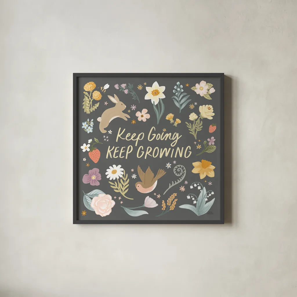 Spring Garden II Dark by Laura Marshall. Shown in a sleek black glass frame for a contemporary gallery look. Available as an archival giclee rolled canvas, fine art paper, or poster print. SKU 73750a.