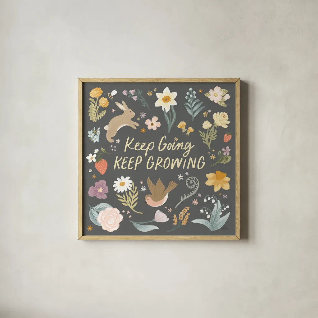 Spring Garden II Dark by Laura Marshall. Shown in a natural wood glass frame for a timeless modern aesthetic. Available as an archival giclee rolled canvas, fine art paper, or poster print. SKU 73750a.