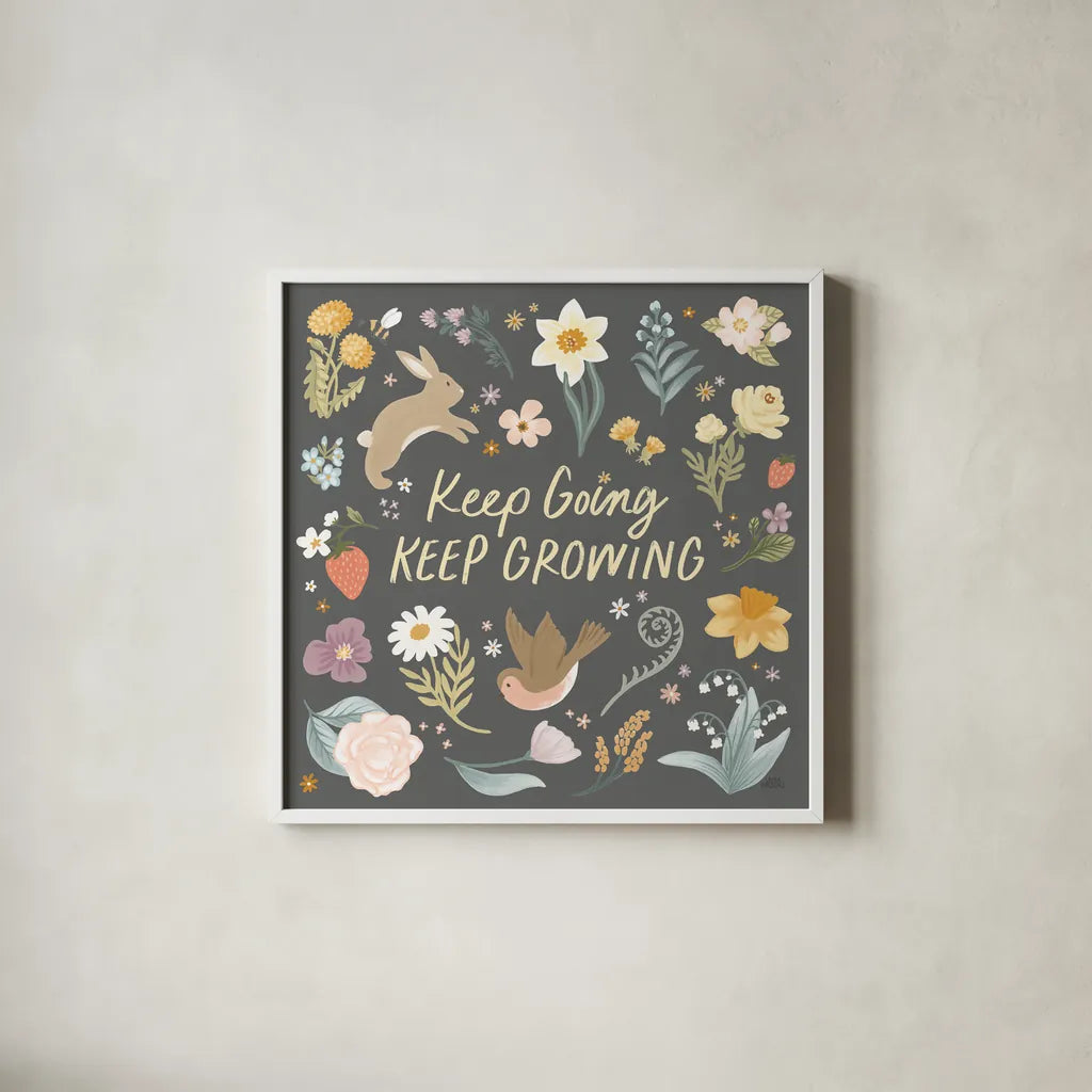 Spring Garden II Dark by Laura Marshall. Shown in a crisp white glass frame for a clean and minimalist style. Available as an archival giclee rolled canvas, fine art paper, or poster print. SKU 73750a.