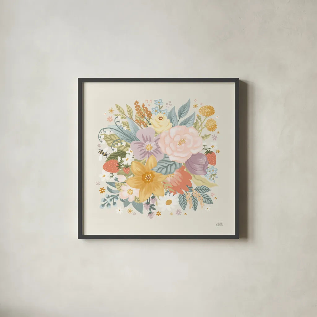 Spring Garden VI by Laura Marshall. Shown in a sleek black glass frame for a contemporary gallery look. Available as an archival giclee rolled canvas, fine art paper, or poster print. SKU 73745a.