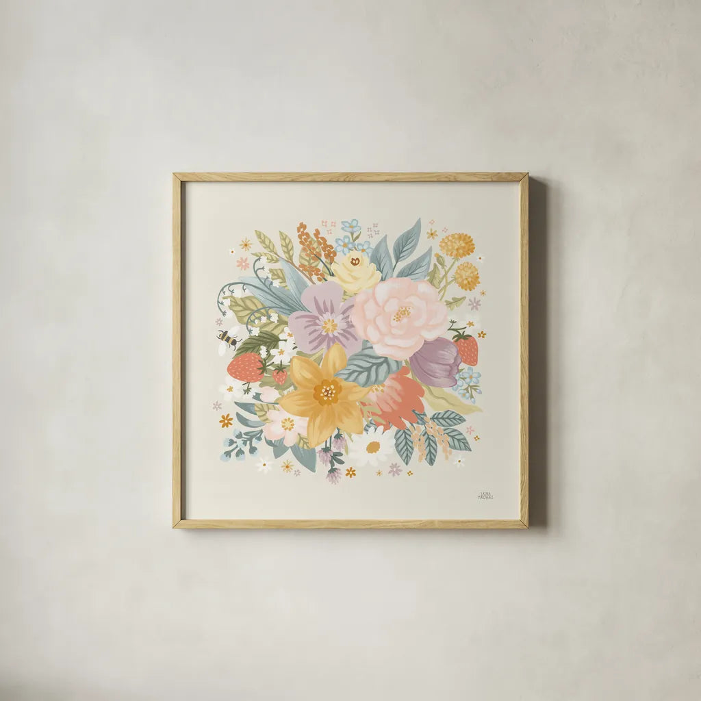 Spring Garden VI by Laura Marshall. Shown in a natural wood glass frame for a timeless modern aesthetic. Available as an archival giclee rolled canvas, fine art paper, or poster print. SKU 73745a.