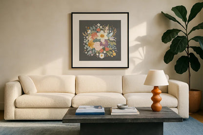 Spring Garden VII by Laura Marshall. Displayed in a glass frame with matte in a clean modern living room. Available as an archival giclee rolled canvas, fine art paper, or poster print. SKU 73746a.
