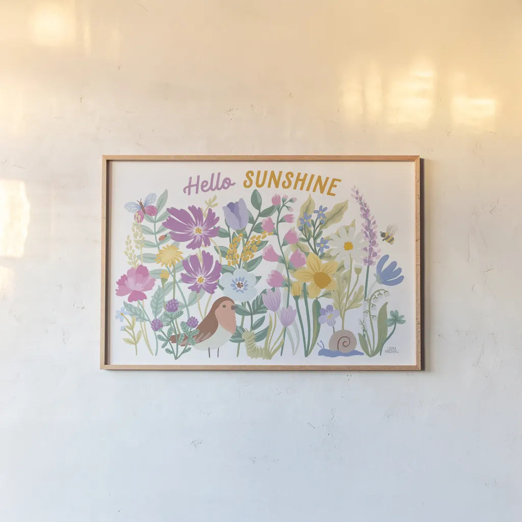Spring Meadow I by Laura Marshall. shown as a paper print in a natural frame. Available as a archival giclee rolled canvas, fine art paper, or poster print. SKU 86151i.