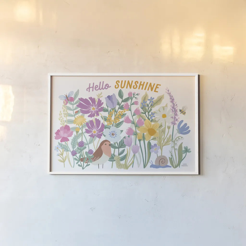 Spring Meadow I by Laura Marshall. shown as a paper print in a white frame. Available as a archival giclee rolled canvas, fine art paper, or poster print. SKU 86151i.