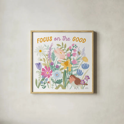 Spring Meadow II by Laura Marshall. Shown in a natural wood glass frame for a timeless modern aesthetic. Available as an archival giclee rolled canvas, fine art paper, or poster print. SKU 86152a.