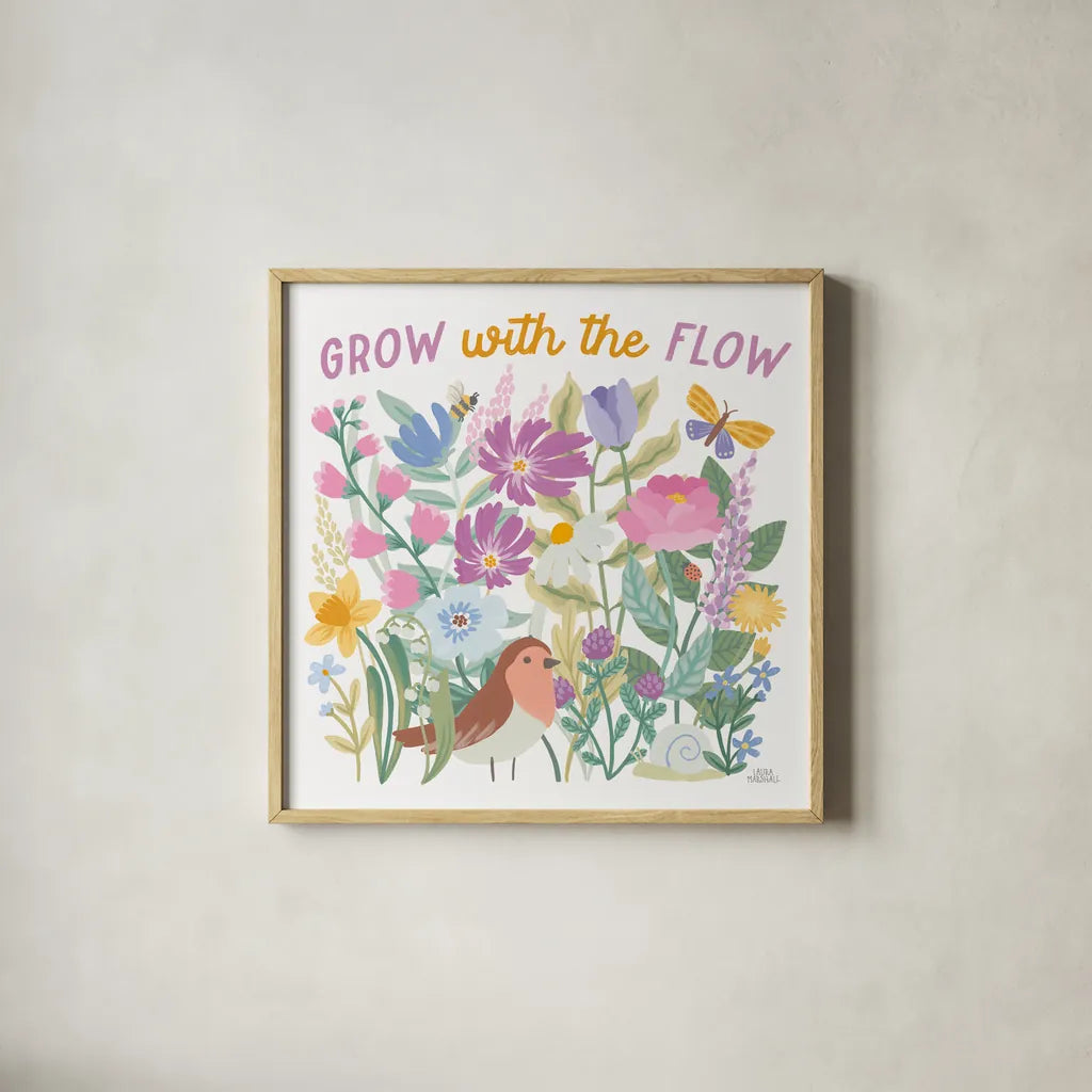 Spring Meadow III by Laura Marshall. Shown in a natural wood glass frame for a timeless modern aesthetic. Available as an archival giclee rolled canvas, fine art paper, or poster print. SKU 86153a.