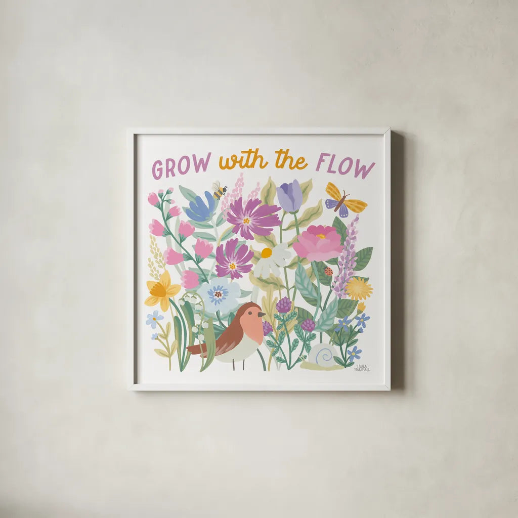 Spring Meadow III by Laura Marshall. Shown in a crisp white glass frame for a clean and minimalist style. Available as an archival giclee rolled canvas, fine art paper, or poster print. SKU 86153a.