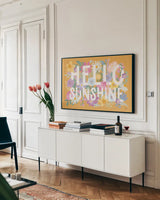Spring Meadow IV by Laura Marshall. shown as a framed stretched canvas in a living room above a console. Available as a archival giclee rolled canvas, fine art paper, or poster print. SKU 86154i.
