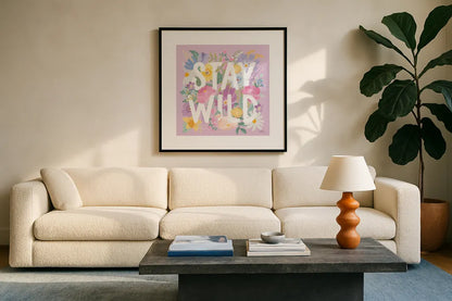 Spring Meadow V by Laura Marshall. Displayed in a glass frame with matte in a clean modern living room. Available as an archival giclee rolled canvas, fine art paper, or poster print. SKU 86155a.