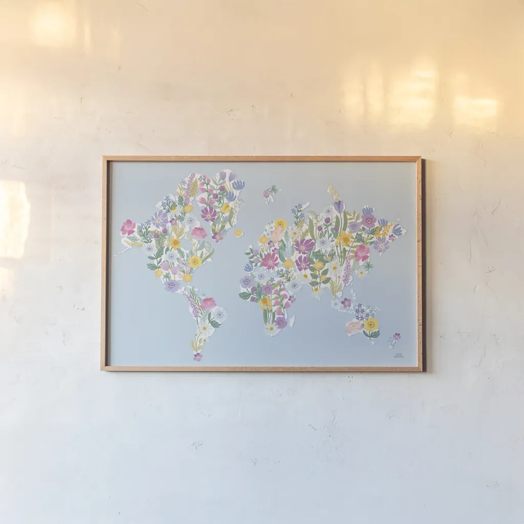 Spring Meadow World by Laura Marshall. shown as a paper print in a natural frame. Available as a archival giclee rolled canvas, fine art paper, or poster print. SKU 86162i.