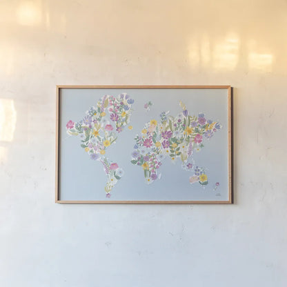 Spring Meadow World by Laura Marshall. shown as a paper print in a natural frame. Available as a archival giclee rolled canvas, fine art paper, or poster print. SKU 86162i.