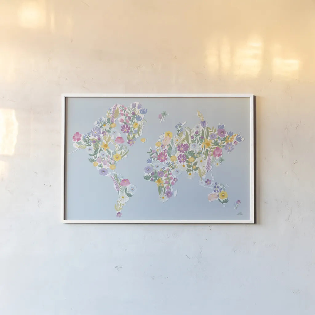 Spring Meadow World by Laura Marshall. shown as a paper print in a white frame. Available as a archival giclee rolled canvas, fine art paper, or poster print. SKU 86162i.