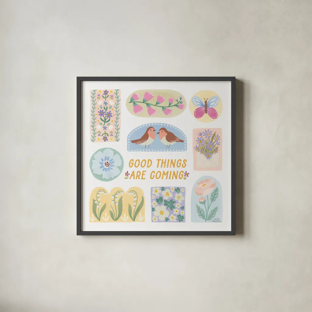 Spring Meadow X by Laura Marshall. Shown in a sleek black glass frame for a contemporary gallery look. Available as an archival giclee rolled canvas, fine art paper, or poster print. SKU 86160a.