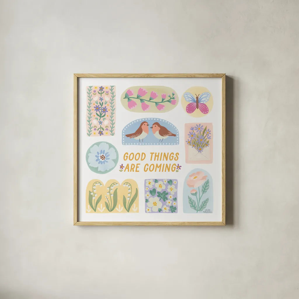 Spring Meadow X by Laura Marshall. Shown in a natural wood glass frame for a timeless modern aesthetic. Available as an archival giclee rolled canvas, fine art paper, or poster print. SKU 86160a.