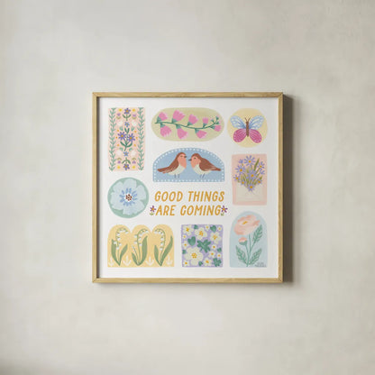 Spring Meadow X by Laura Marshall. Shown in a natural wood glass frame for a timeless modern aesthetic. Available as an archival giclee rolled canvas, fine art paper, or poster print. SKU 86160a.