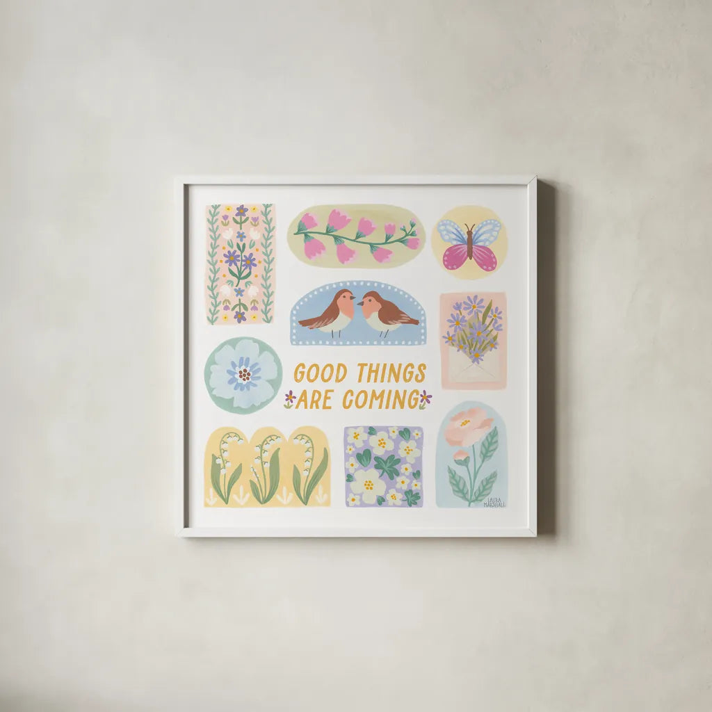 Spring Meadow X by Laura Marshall. Shown in a crisp white glass frame for a clean and minimalist style. Available as an archival giclee rolled canvas, fine art paper, or poster print. SKU 86160a.
