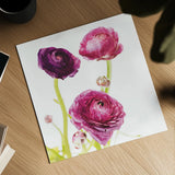 Spring Ranunculus I by Laura Marshall. Shown as a detailed flat fine art print, highlighting archival giclee quality. Available as an archival giclee rolled canvas, fine art paper, or poster print. SKU 25097a.
