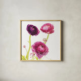 Spring Ranunculus I by Laura Marshall. Shown in a natural wood glass frame for a timeless modern aesthetic. Available as an archival giclee rolled canvas, fine art paper, or poster print. SKU 25097a.
