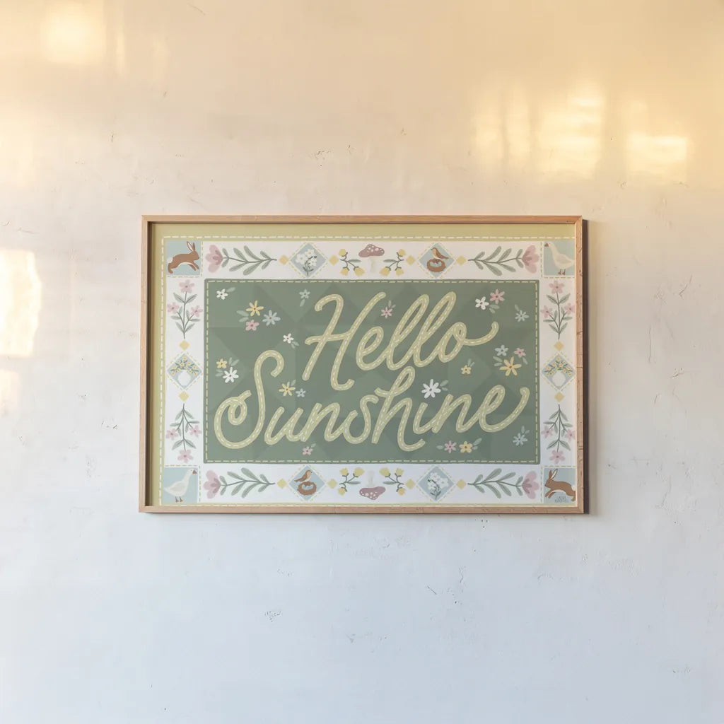 Spring Whimsy Bright I by Laura Marshall. shown as a paper print in a natural frame. Available as a archival giclee rolled canvas, fine art paper, or poster print. SKU 98069i.