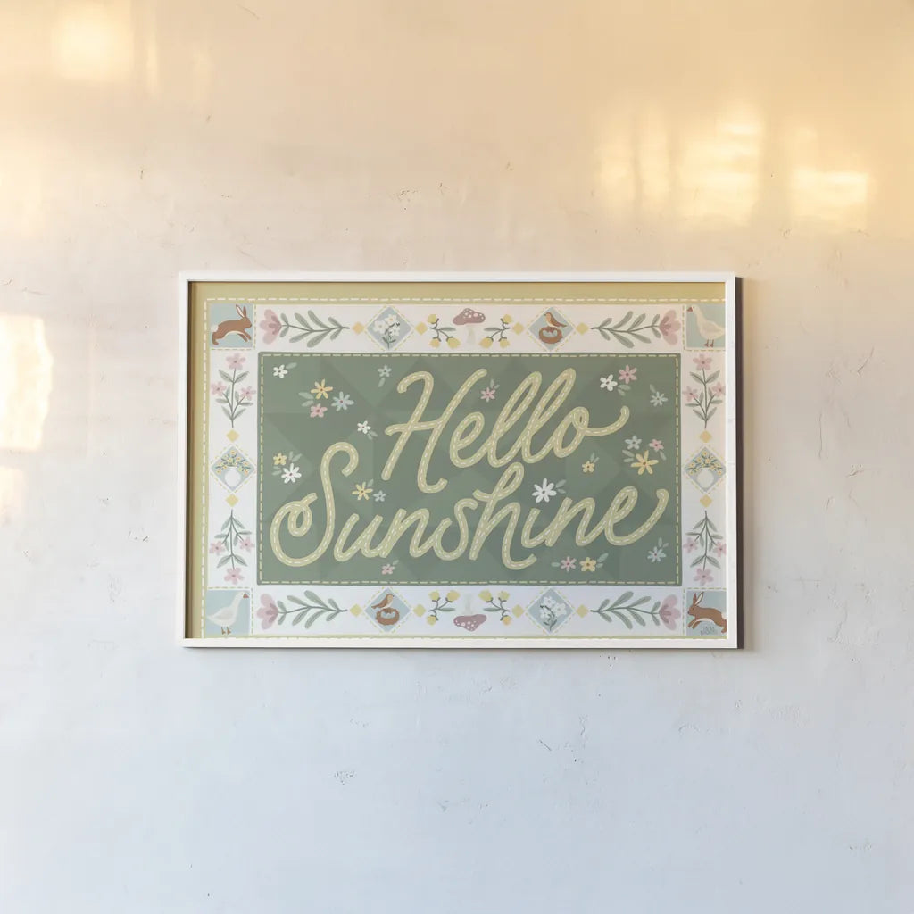 Spring Whimsy Bright I by Laura Marshall. shown as a paper print in a white frame. Available as a archival giclee rolled canvas, fine art paper, or poster print. SKU 98069i.