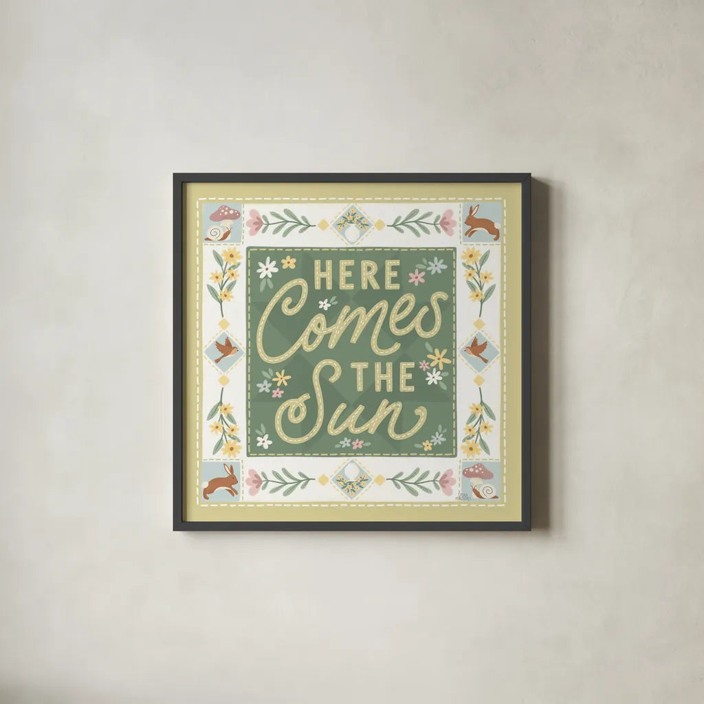 Spring Whimsy Bright III by Laura Marshall. Shown in a sleek black glass frame for a contemporary gallery look. Available as an archival giclee rolled canvas, fine art paper, or poster print. SKU 98071a.