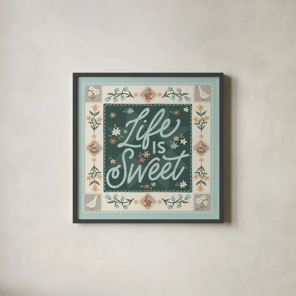 Spring Whimsy II by Laura Marshall. Shown in a sleek black glass frame for a contemporary gallery look. Available as an archival giclee rolled canvas, fine art paper, or poster print. SKU 97894a.