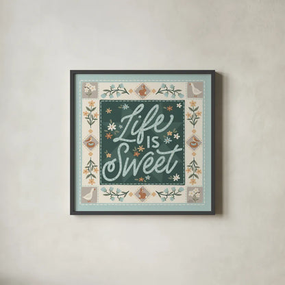 Spring Whimsy II by Laura Marshall. Shown in a sleek black glass frame for a contemporary gallery look. Available as an archival giclee rolled canvas, fine art paper, or poster print. SKU 97894a.