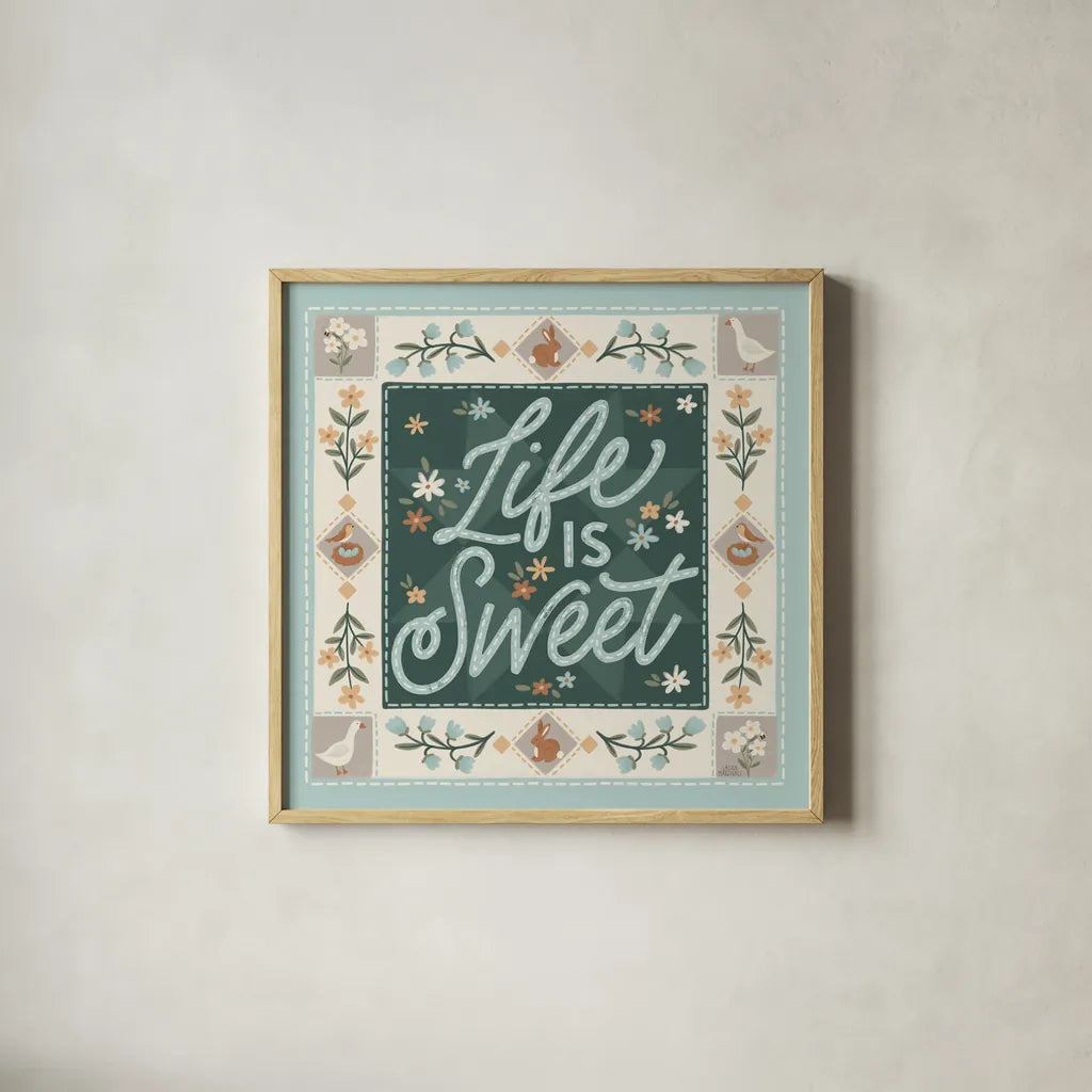 Spring Whimsy II by Laura Marshall. Shown in a natural wood glass frame for a timeless modern aesthetic. Available as an archival giclee rolled canvas, fine art paper, or poster print. SKU 97894a.