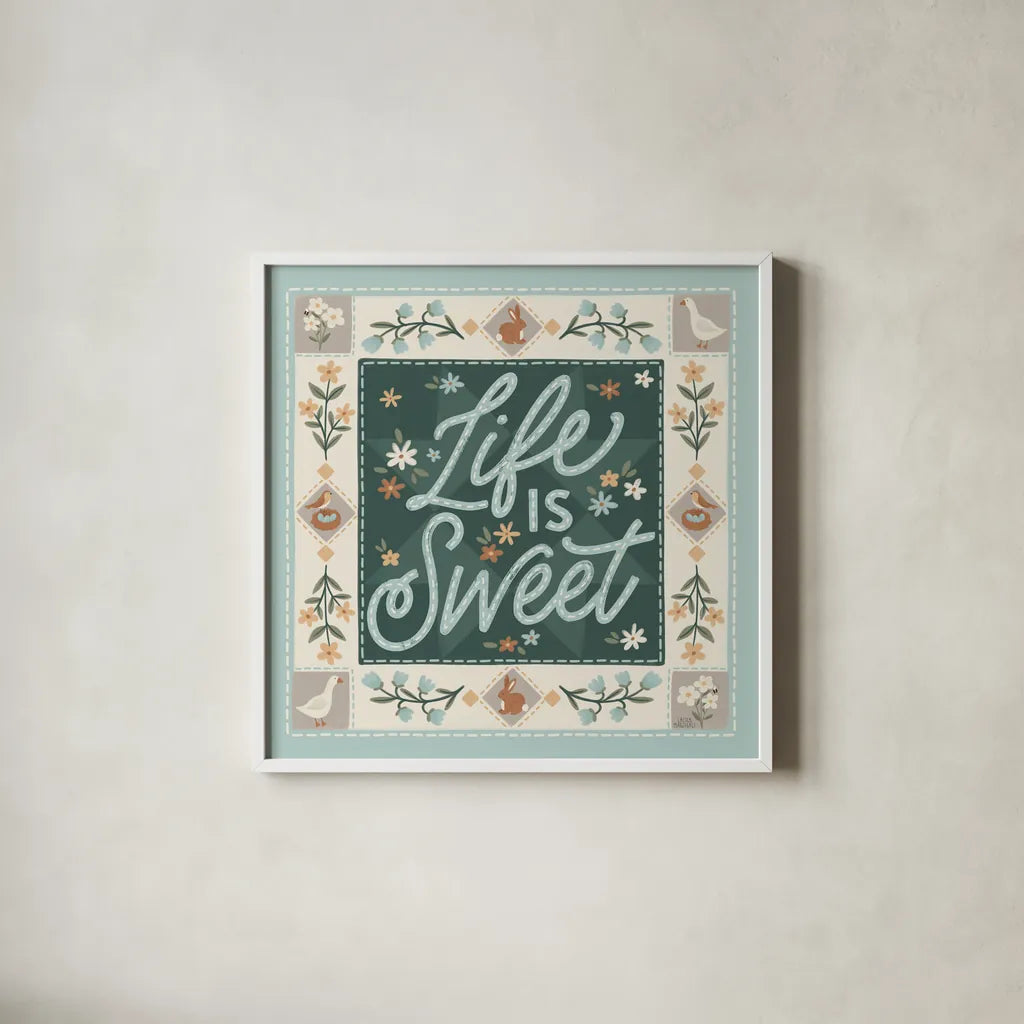 Spring Whimsy II by Laura Marshall. Shown in a crisp white glass frame for a clean and minimalist style. Available as an archival giclee rolled canvas, fine art paper, or poster print. SKU 97894a.