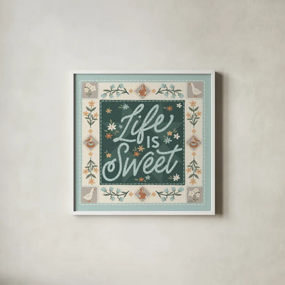 Spring Whimsy II by Laura Marshall. Shown in a crisp white glass frame for a clean and minimalist style. Available as an archival giclee rolled canvas, fine art paper, or poster print. SKU 97894a.