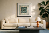 Spring Whimsy II by Laura Marshall. Displayed in a glass frame with matte in a clean modern living room. Available as an archival giclee rolled canvas, fine art paper, or poster print. SKU 97894a.