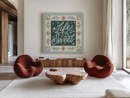 Spring Whimsy II by Laura Marshall. Shown as extra-large giant wall art in a modern living room. Available as an archival giclee rolled canvas, fine art paper, or poster print. SKU 97894a.