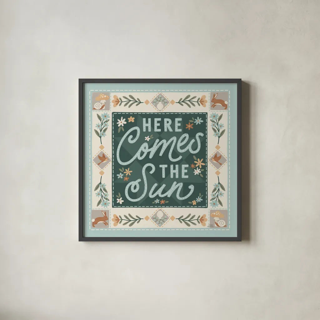 Spring Whimsy III by Laura Marshall. Shown in a sleek black glass frame for a contemporary gallery look. Available as an archival giclee rolled canvas, fine art paper, or poster print. SKU 97895a.